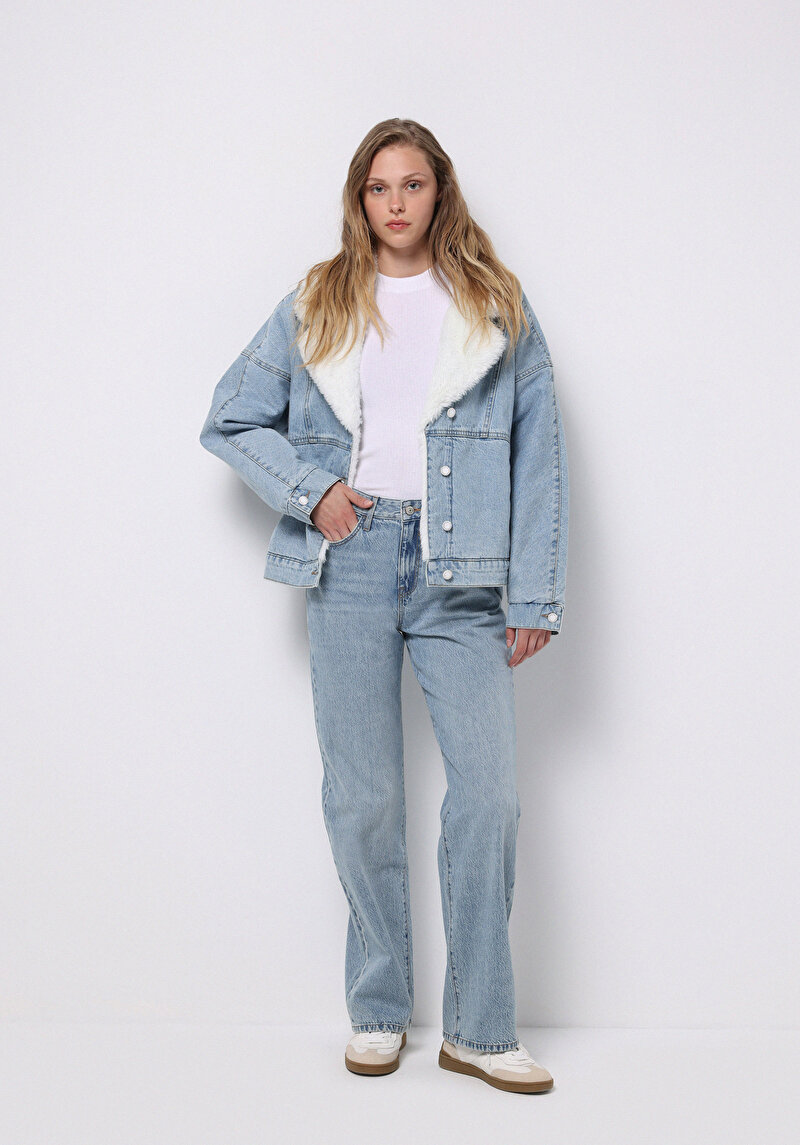 Oversize Fit Fermuarlı Astarsız Kadın Mavi Ceket