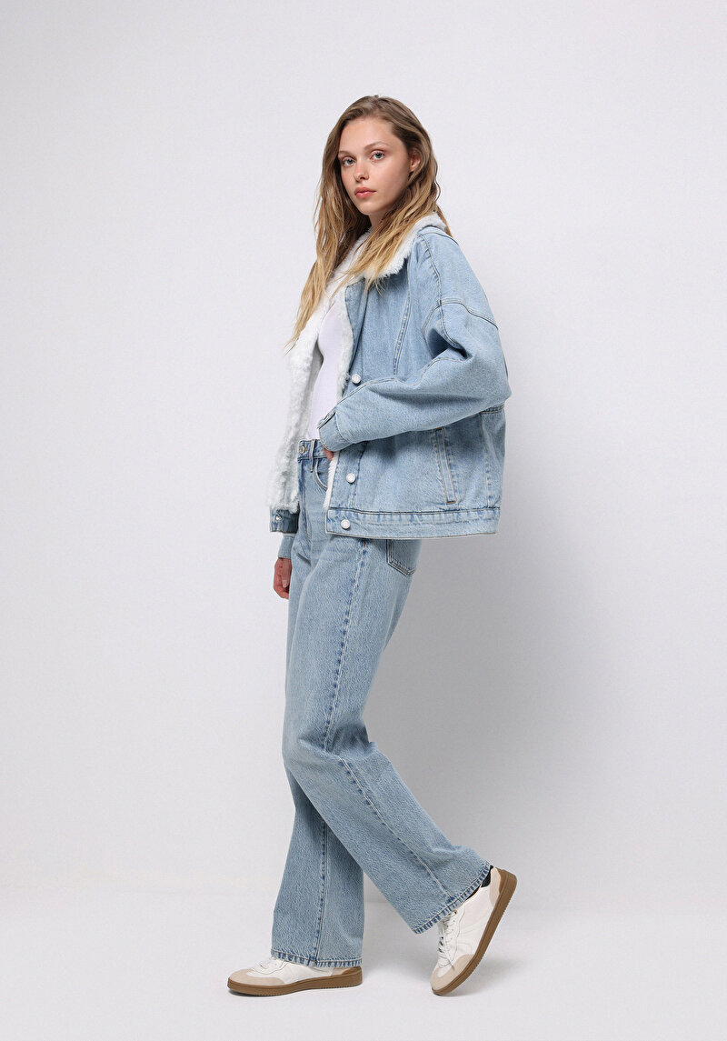 Straight Fit Orta Bel Tam Boy Paça Kadın İndigo Jean Pantolon