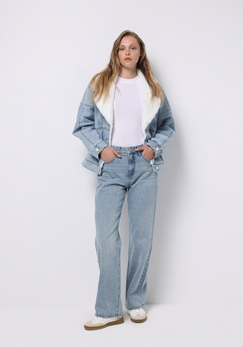 Straight Fit Orta Bel Tam Boy Paça Kadın İndigo Jean Pantolon