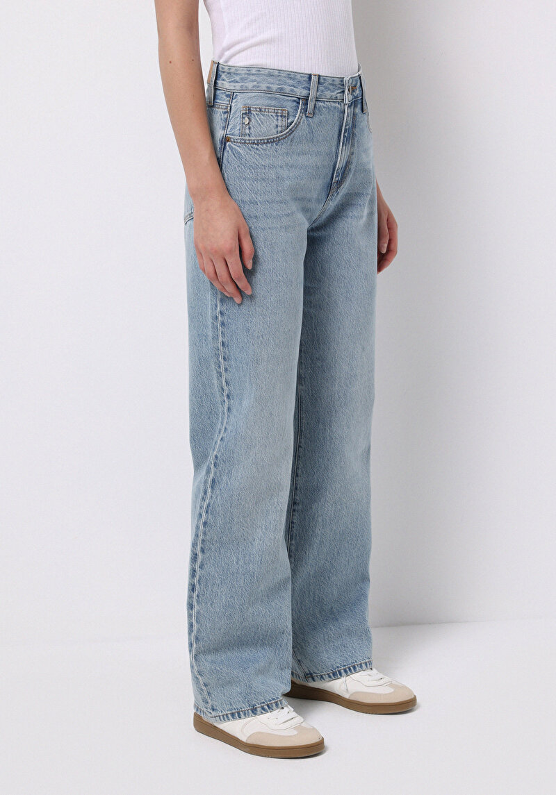 Straight Fit Orta Bel Tam Boy Paça Kadın İndigo Jean Pantolon