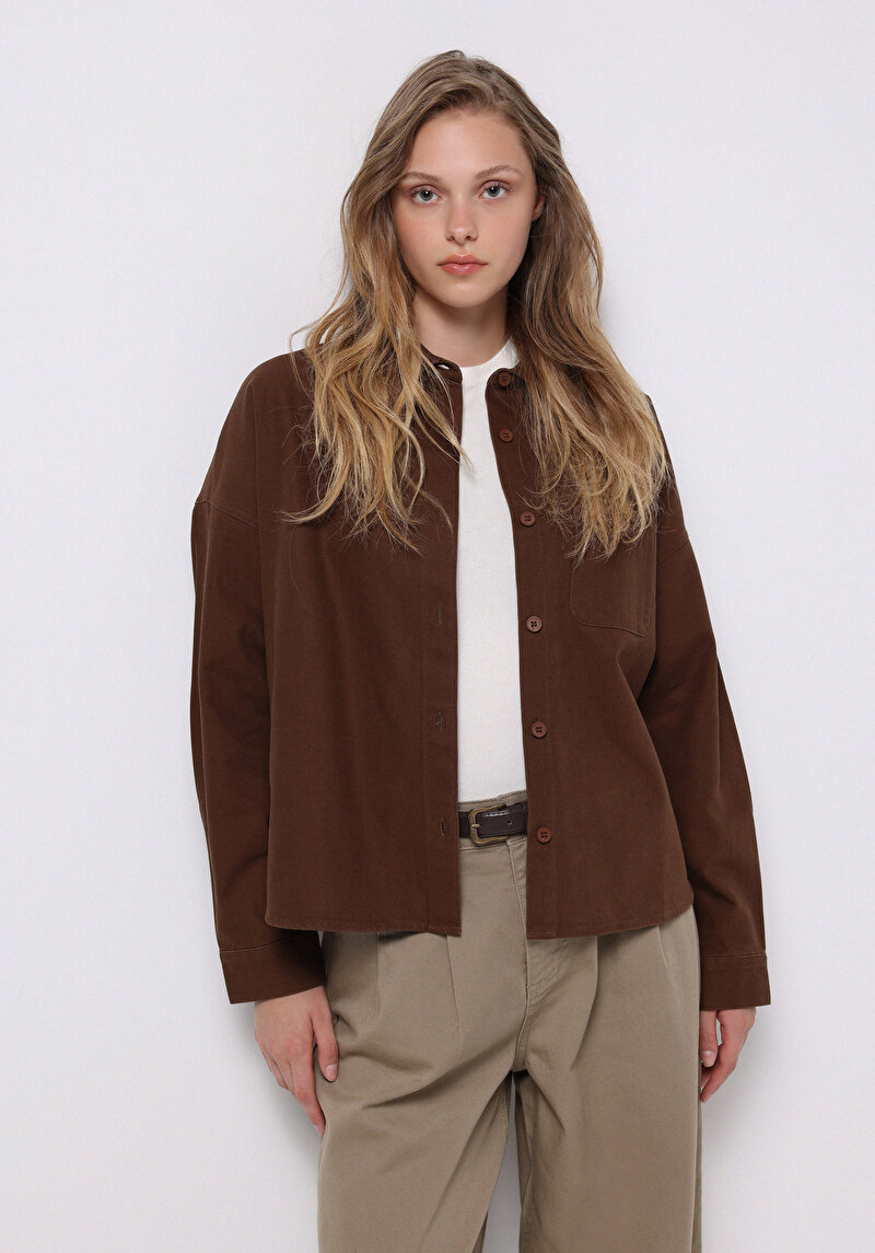 Relax Fit Shirt Neck Düz Kadın Kahverengi Uzun Kol Gömlek
