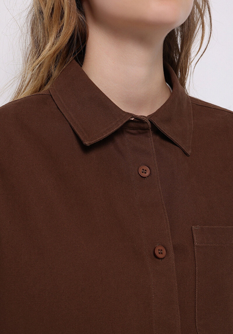 Relax Fit Shirt Neck Düz Kadın Kahverengi Uzun Kol Gömlek
