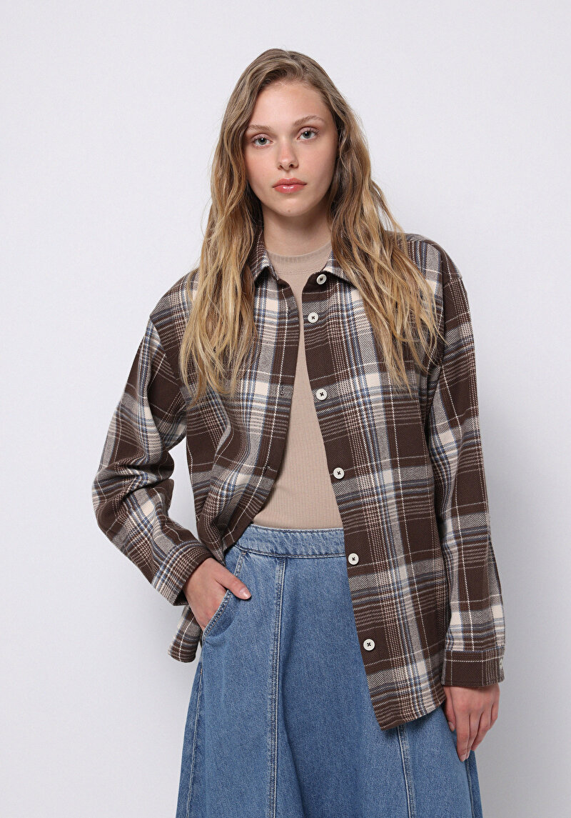 Regular Fit Shirt Neck Ekoseli Kadın Kahverengi Uzun Kol Gömlek