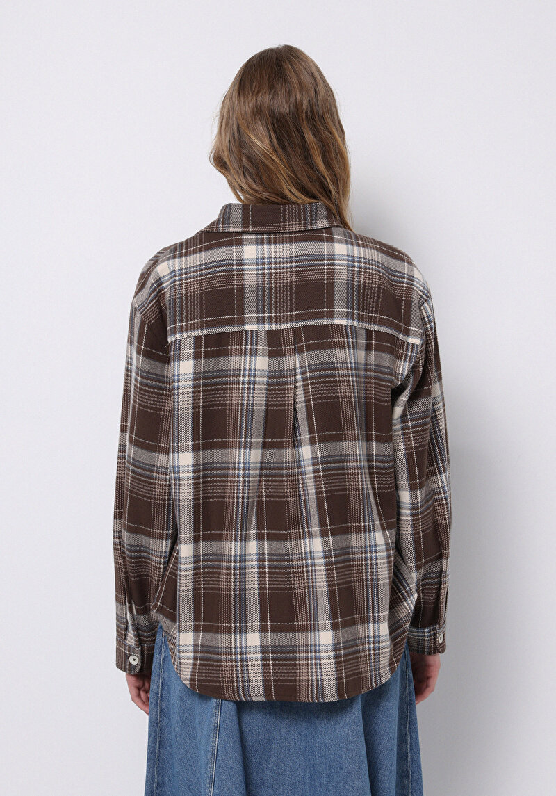 Regular Fit Shirt Neck Ekoseli Kadın Kahverengi Uzun Kol Gömlek