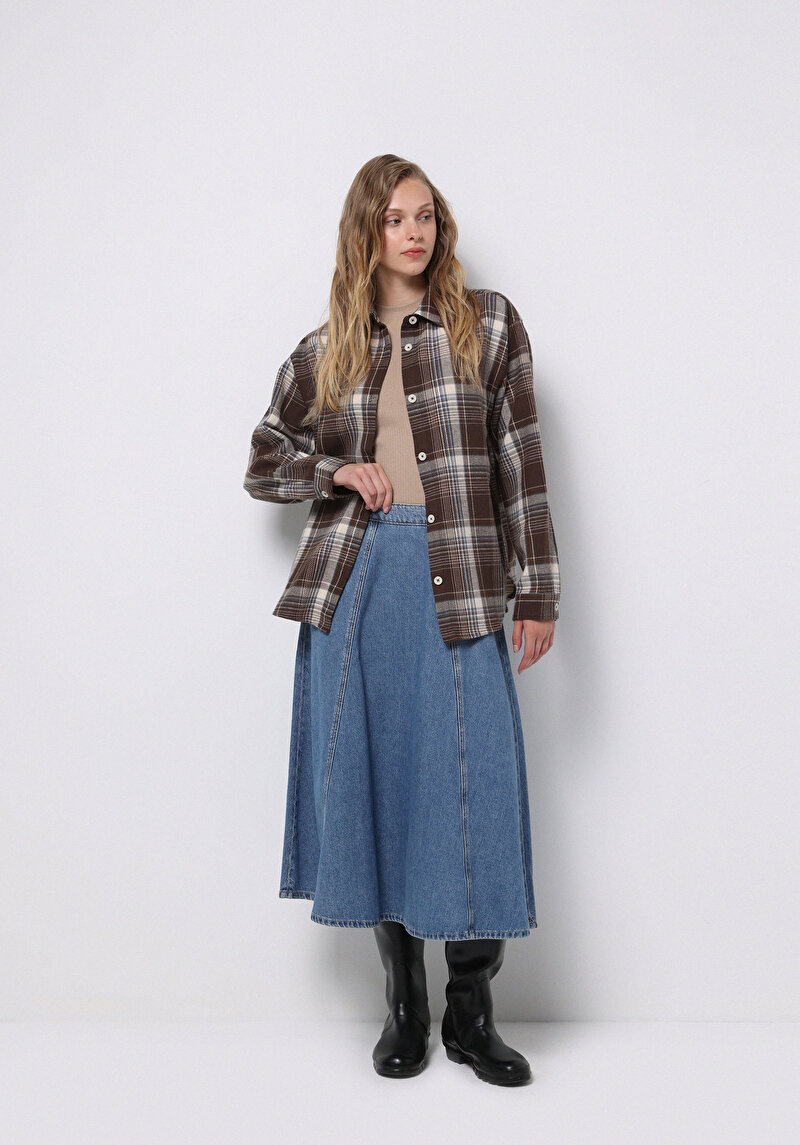 Regular Fit Shirt Neck Ekoseli Kadın Kahverengi Uzun Kol Gömlek