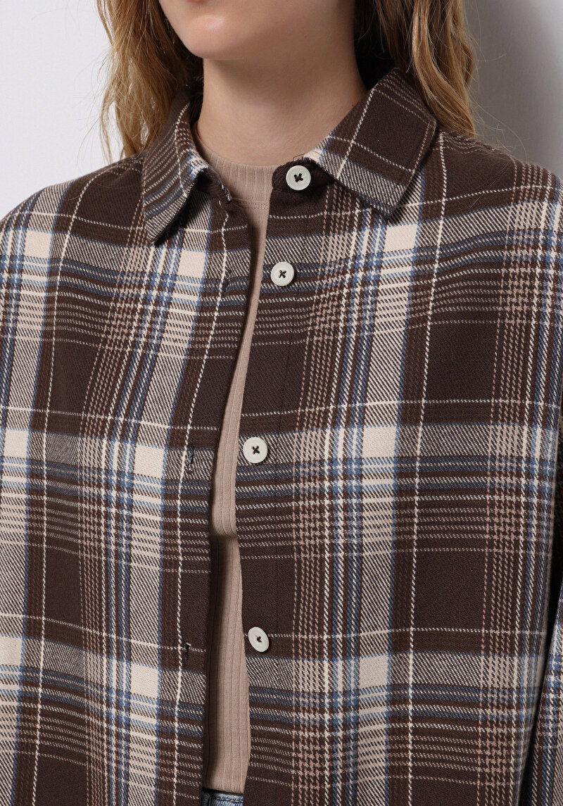 Regular Fit Shirt Neck Ekoseli Kadın Kahverengi Uzun Kol Gömlek