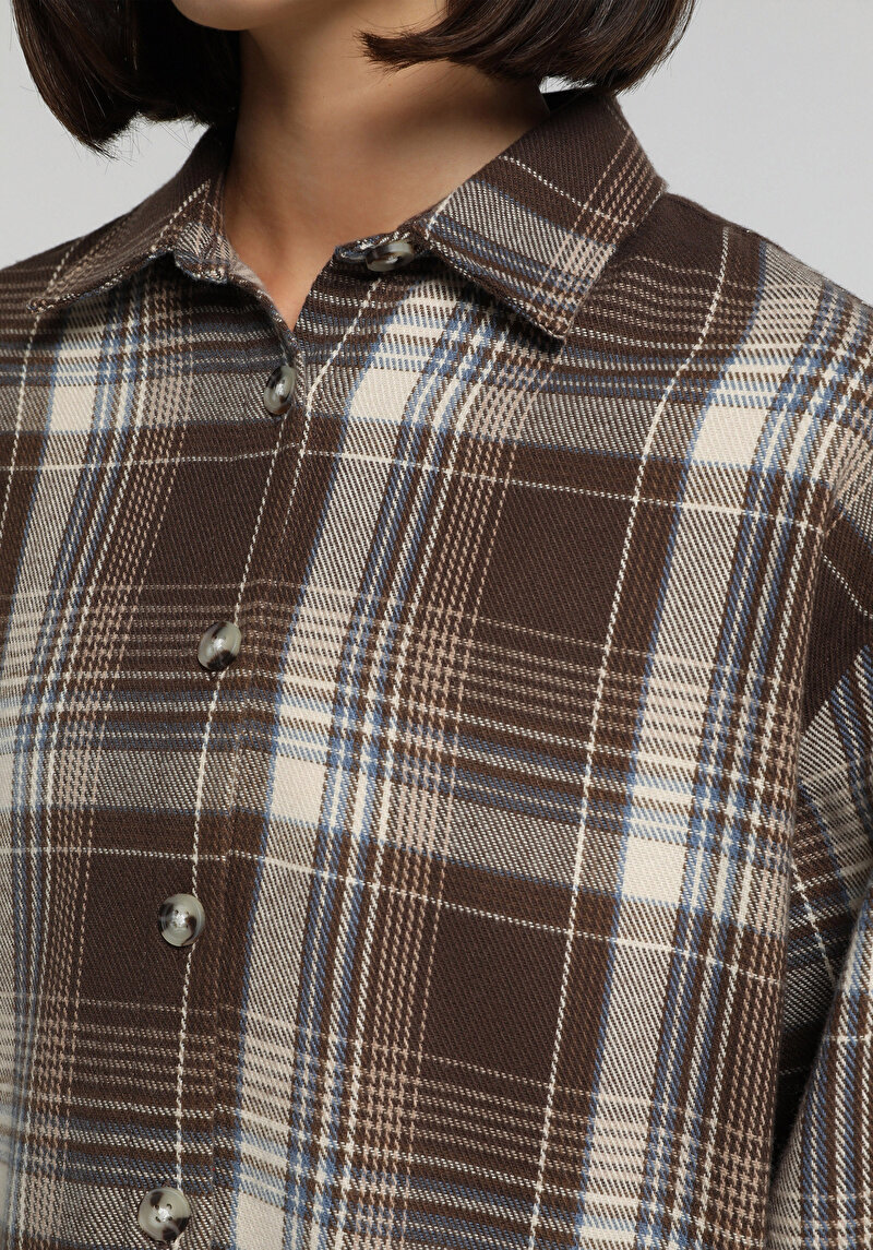 Regular Fit Shirt Neck Ekoseli Kadın Kahverengi Uzun Kol Gömlek