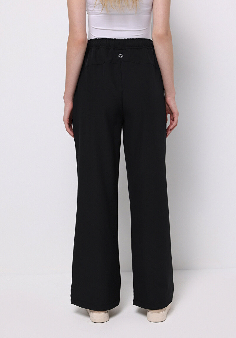 Regular Fit Düşük Bel Geniş Paça Kadın Siyah Pantolon