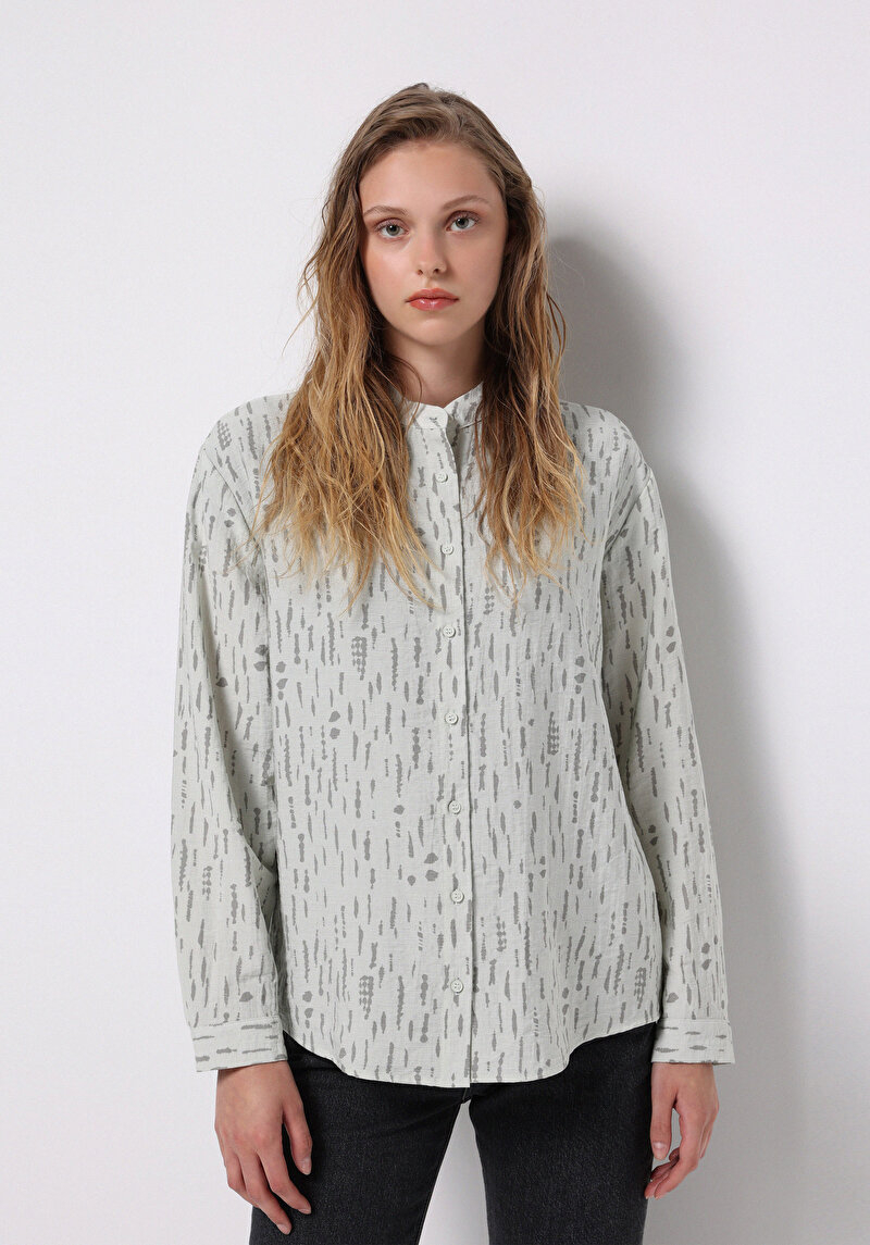 Regular Fit Hakim Yaka Baskılı Kadın Yeşil Uzun Kol Gömlek