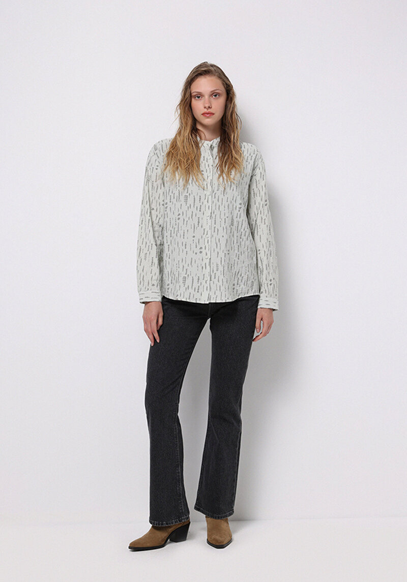 Regular Fit Hakim Yaka Baskılı Kadın Yeşil Uzun Kol Gömlek