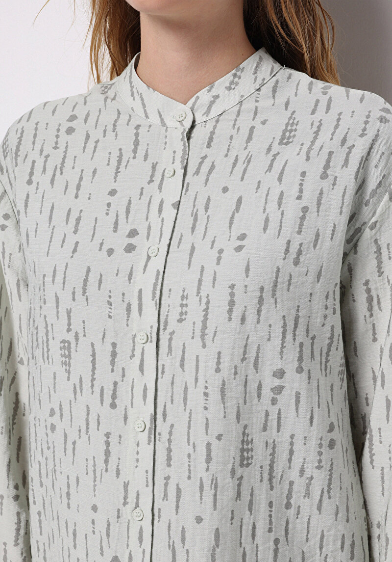 Regular Fit Hakim Yaka Baskılı Kadın Yeşil Uzun Kol Gömlek