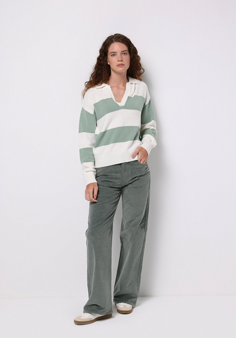 Berry Fit Yüksel Bel Geniş Paça Kadın Yeşil  Pantolon