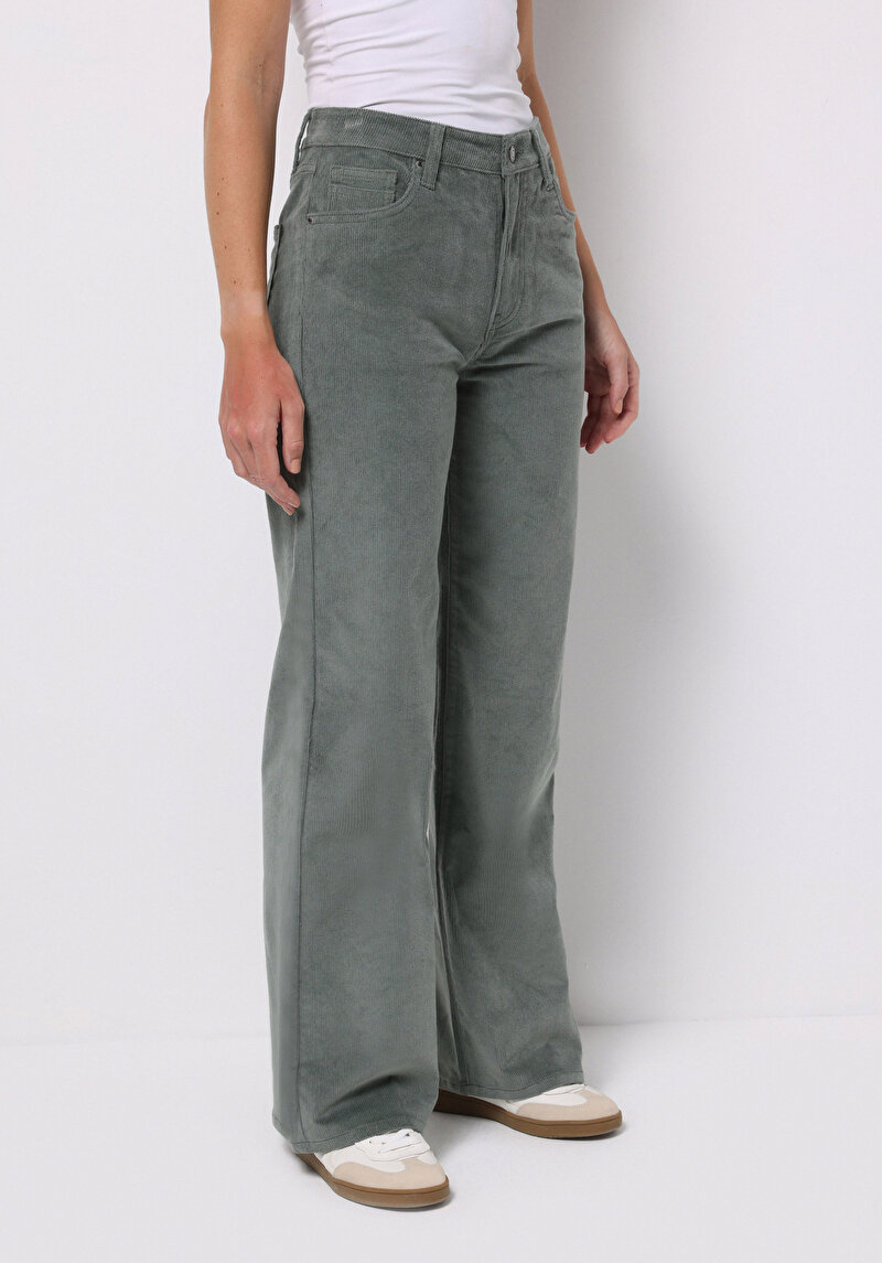 Berry Fit Yüksel Bel Geniş Paça Kadın Yeşil Pantolon