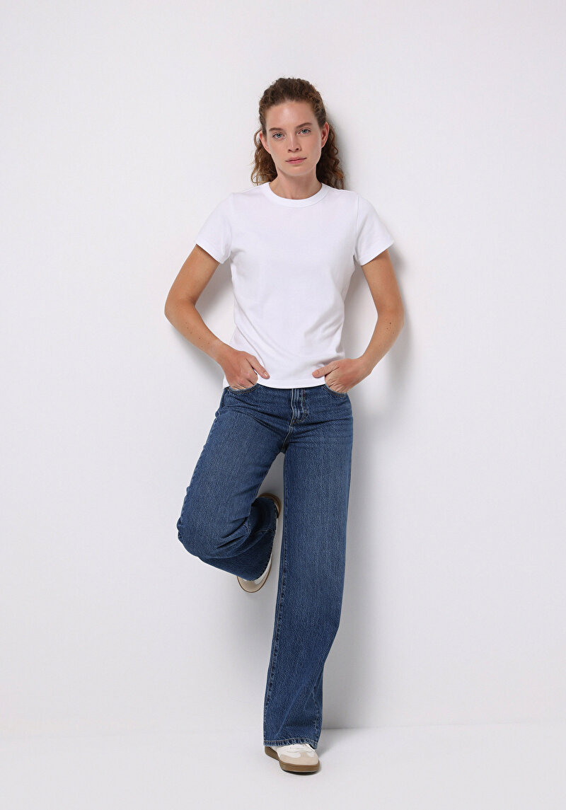 Regular Fit Yüksel Bel Geniş Paça Kadın İndigo Jean Pantolon