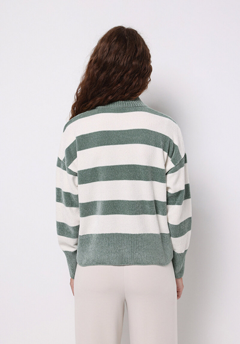Regular Fit Yuvarlak Yaka Çizgili Kadın Yeşil Kazak