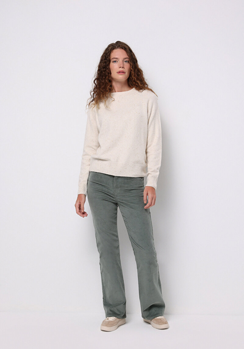 Regular Fit Yuvarlak Yaka Düz Kadın Ekru Kazak