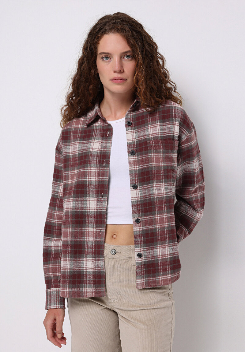 Regular Fit Shirt Neck Ekoseli Kadın Pembe Uzun Kol Gömlek