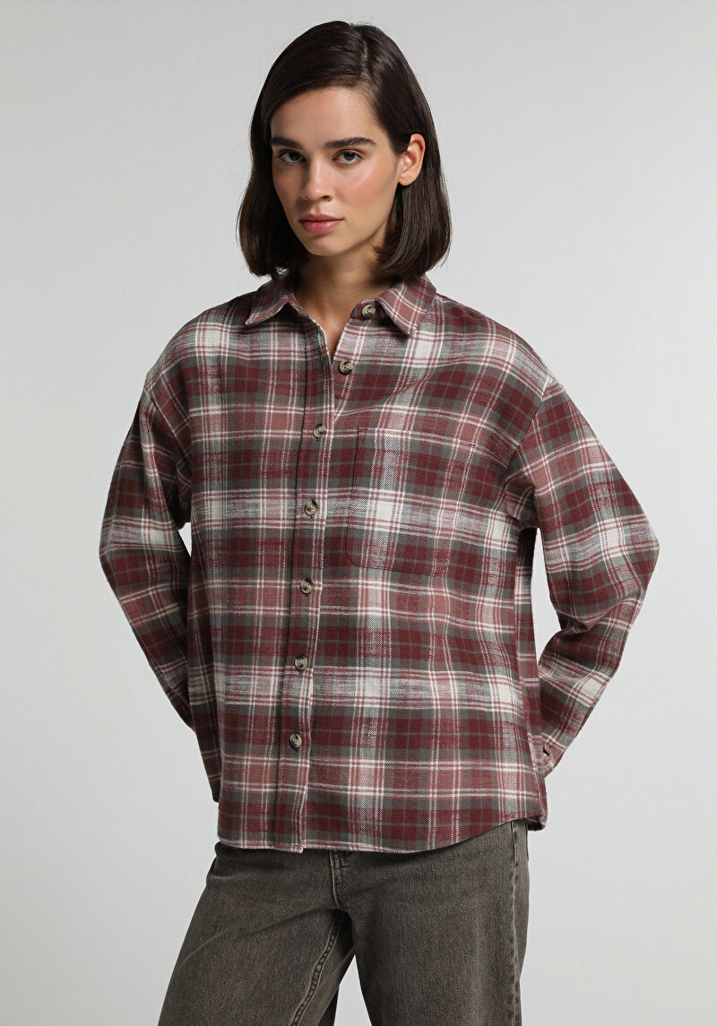 Regular Fit Shirt Neck Ekoseli Kadın Pembe Uzun Kol Gömlek