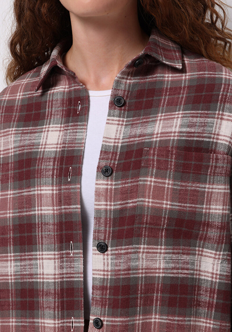 Regular Fit Shirt Neck Ekoseli Kadın Pembe Uzun Kol Gömlek