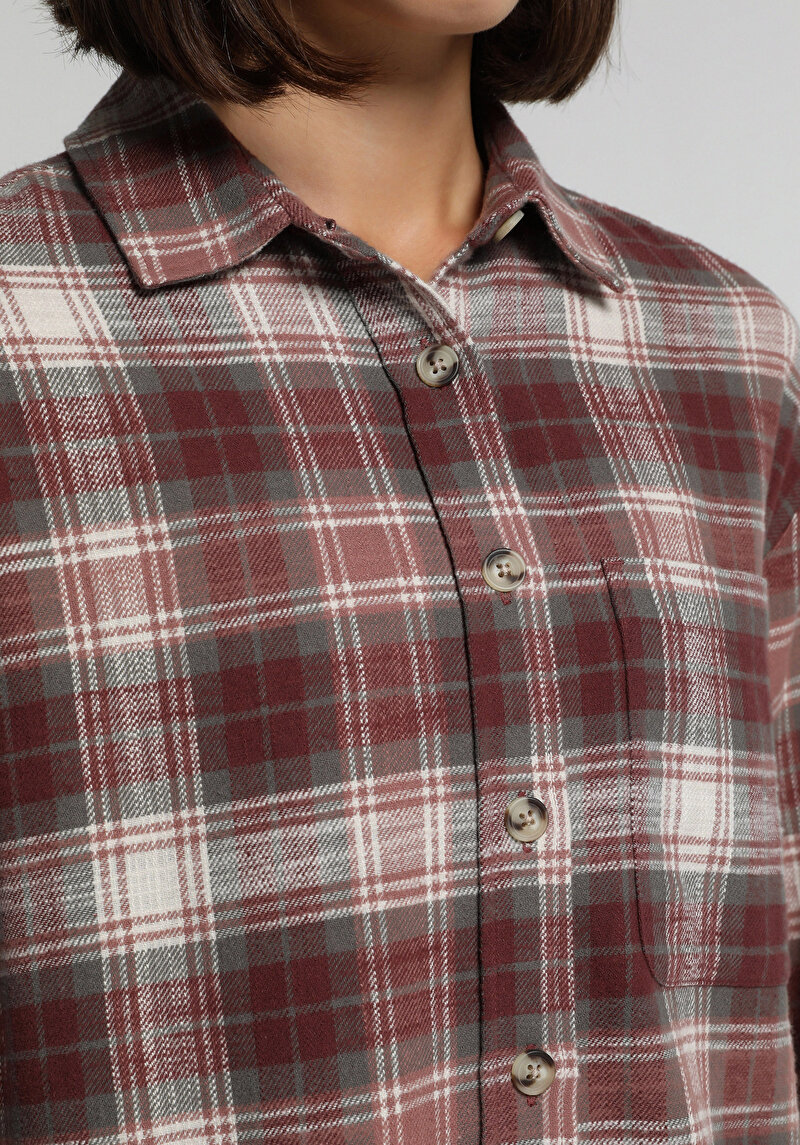 Regular Fit Shirt Neck Ekoseli Kadın Pembe Uzun Kol Gömlek