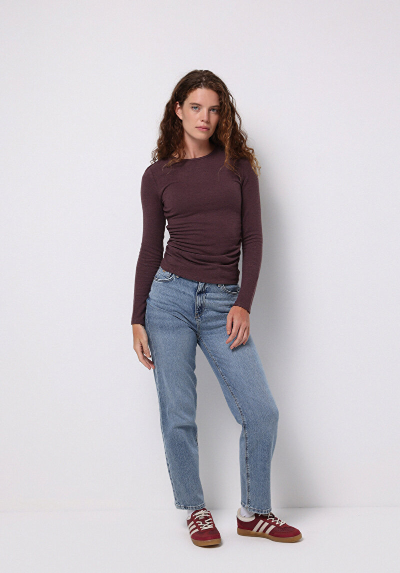 Slim Fit Yuvarlak Yaka Düz Kadın Mor Tişört