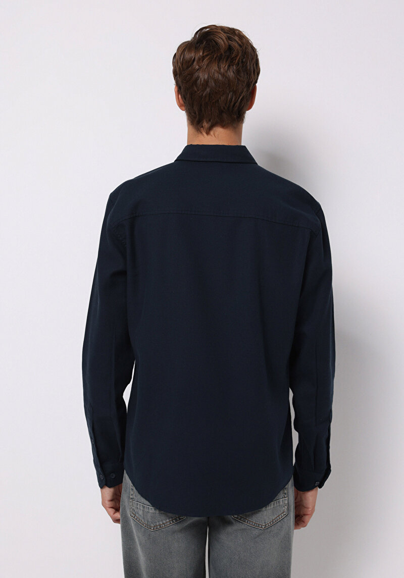 Slim Fit Shirt Neck Ekoseli Erkek Lacivert Uzun Kol Gömlek
