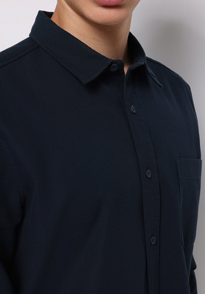 Slim Fit Shirt Neck Ekoseli Erkek Lacivert Uzun Kol Gömlek