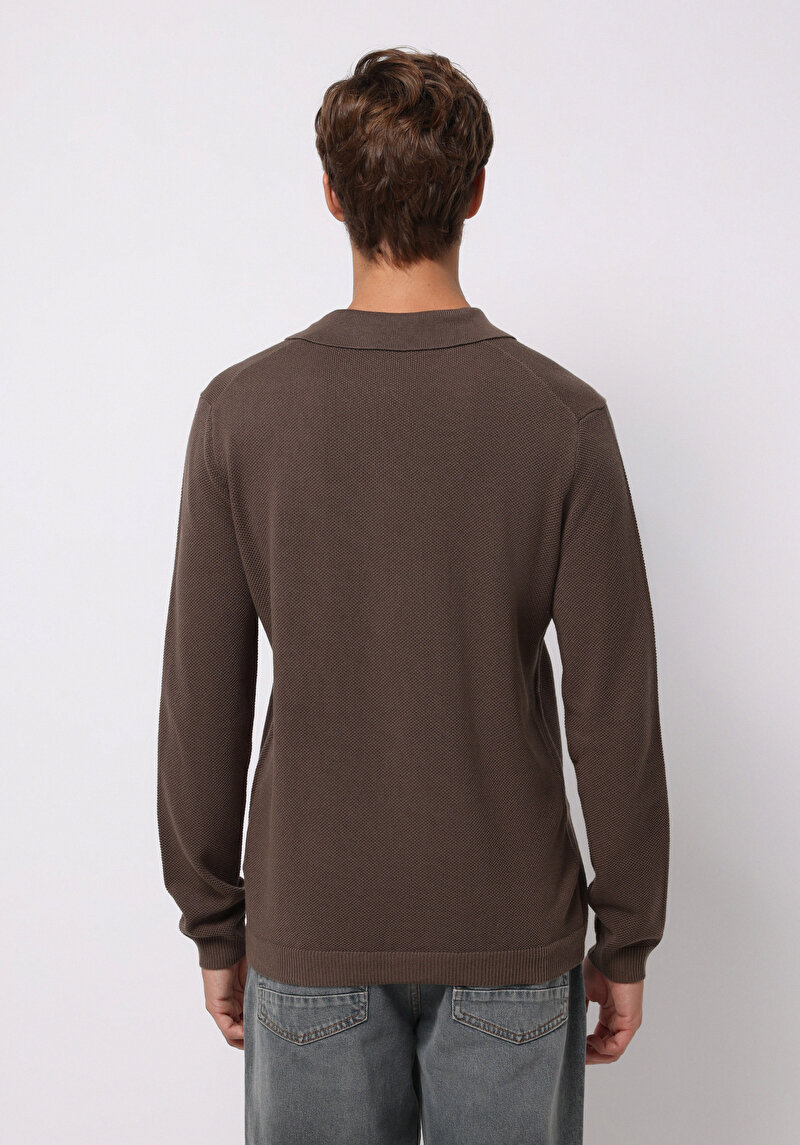 Regular Fit Polo Yaka Jakarlı Erkek Kahverengi Kazak