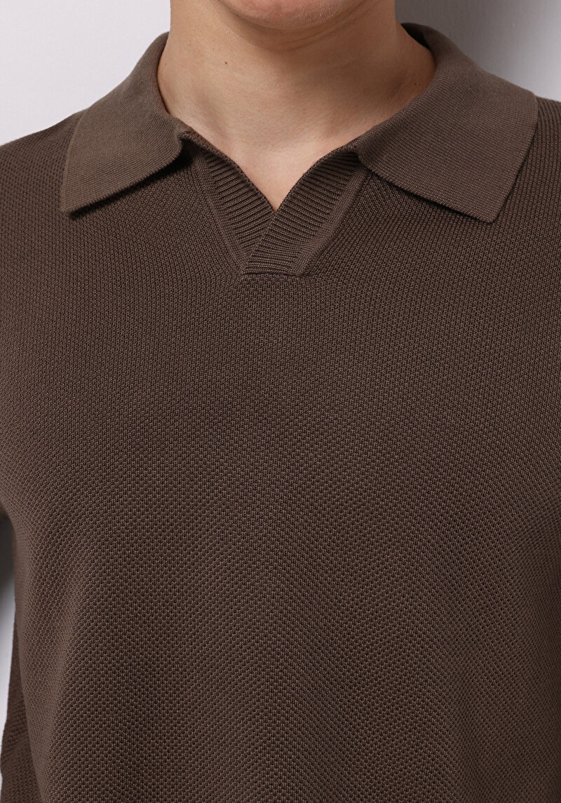 Regular Fit Polo Yaka Jakarlı Erkek Kahverengi Kazak