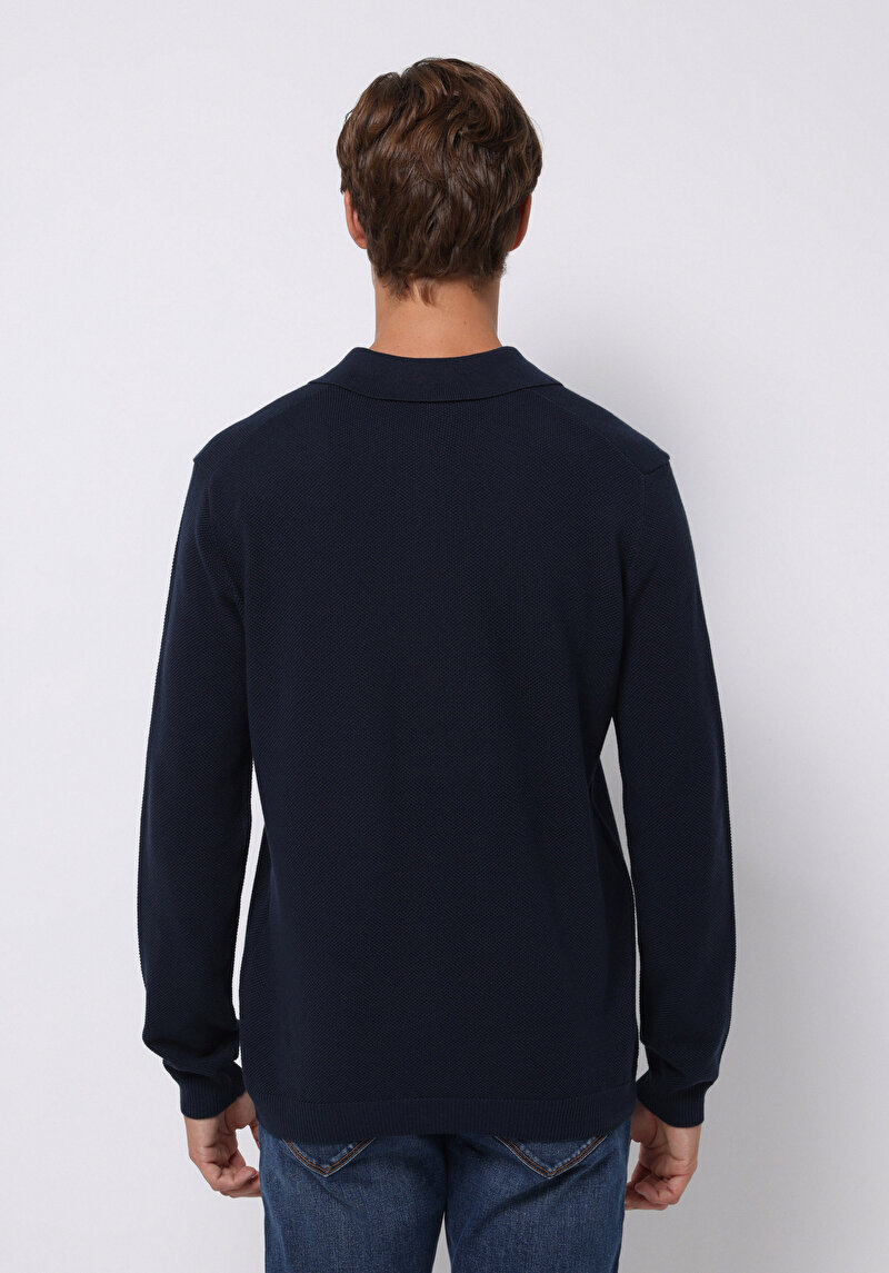 Regular Fit Polo Yaka Jakarlı Erkek Lacivert Kazak