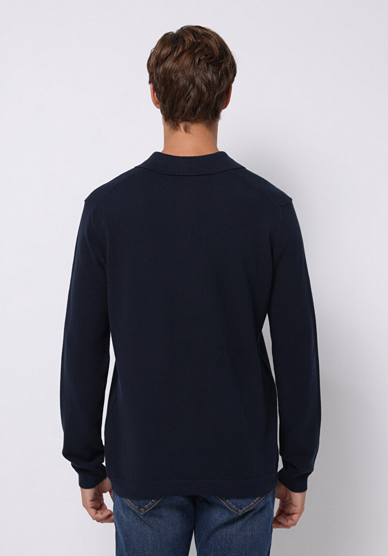 Regular Fit Polo Yaka Jakarlı Erkek Lacivert Kazak
