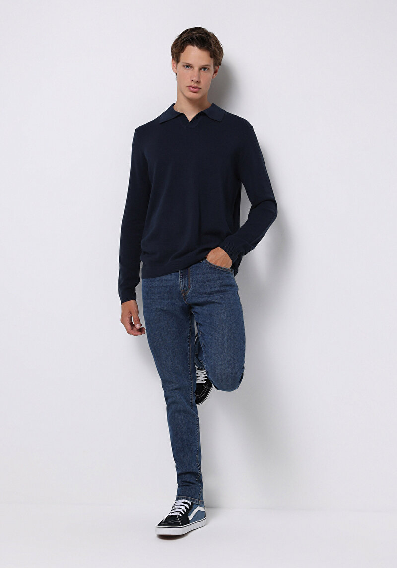 Regular Fit Polo Yaka Jakarlı Erkek Lacivert Kazak