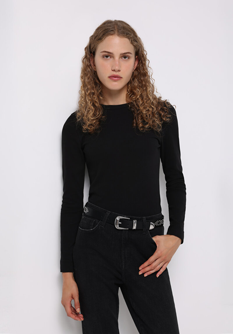 Slim Fit Yuvarlak Yaka Düz Kadın Siyah Uzun Kol Tişört