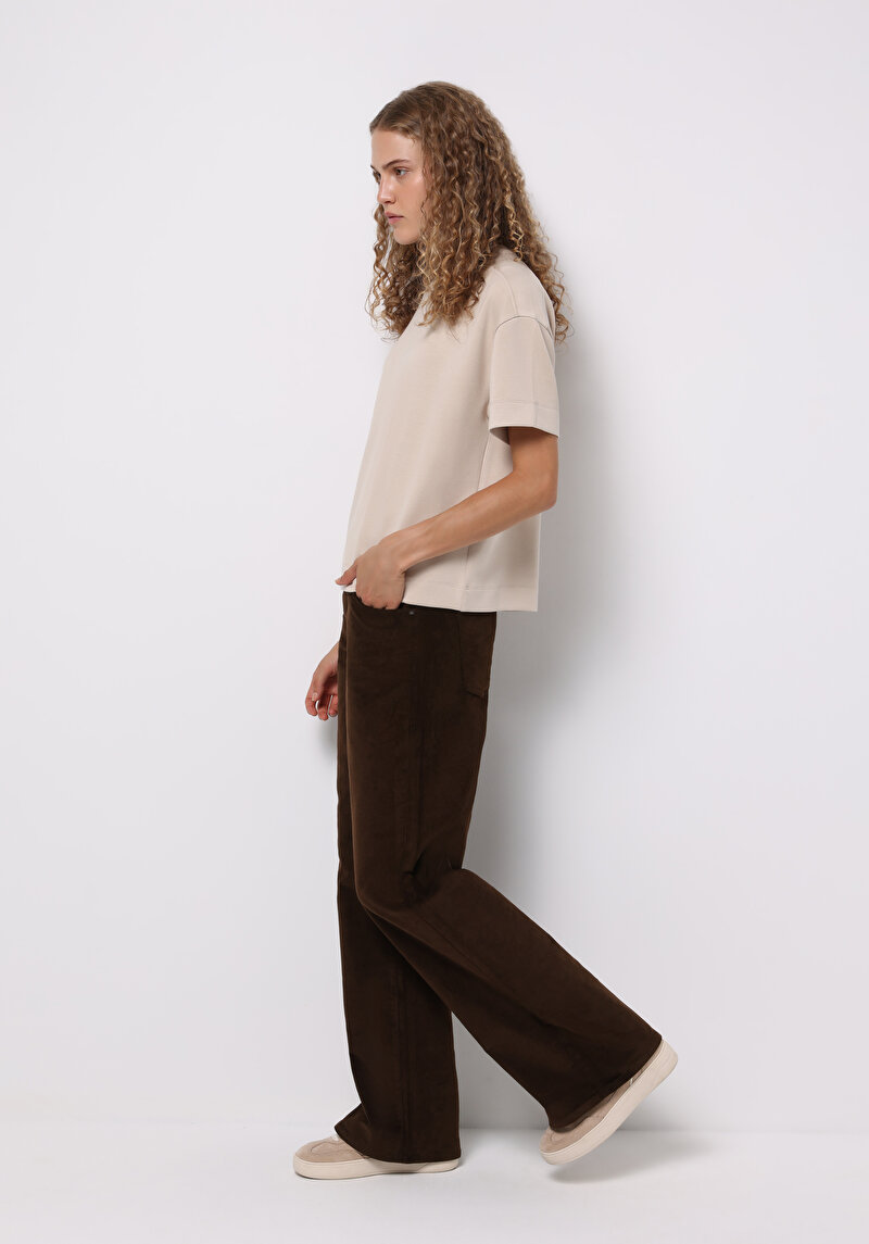 Berry Fit Yüksel Bel Geniş Paça Kadın Kahverengi Pantolon