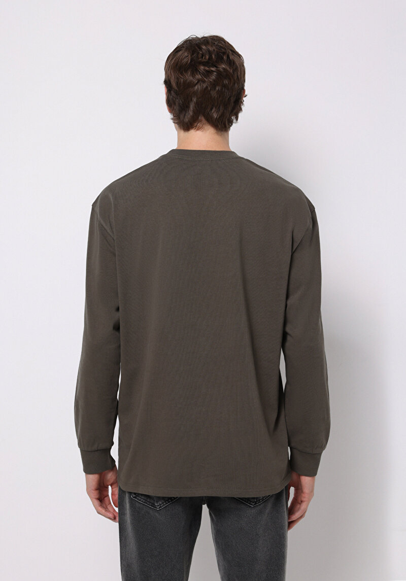 Comfort Fit Yuvarlak Yaka Düz Erkek Yeşil Uzun Kol Tişört