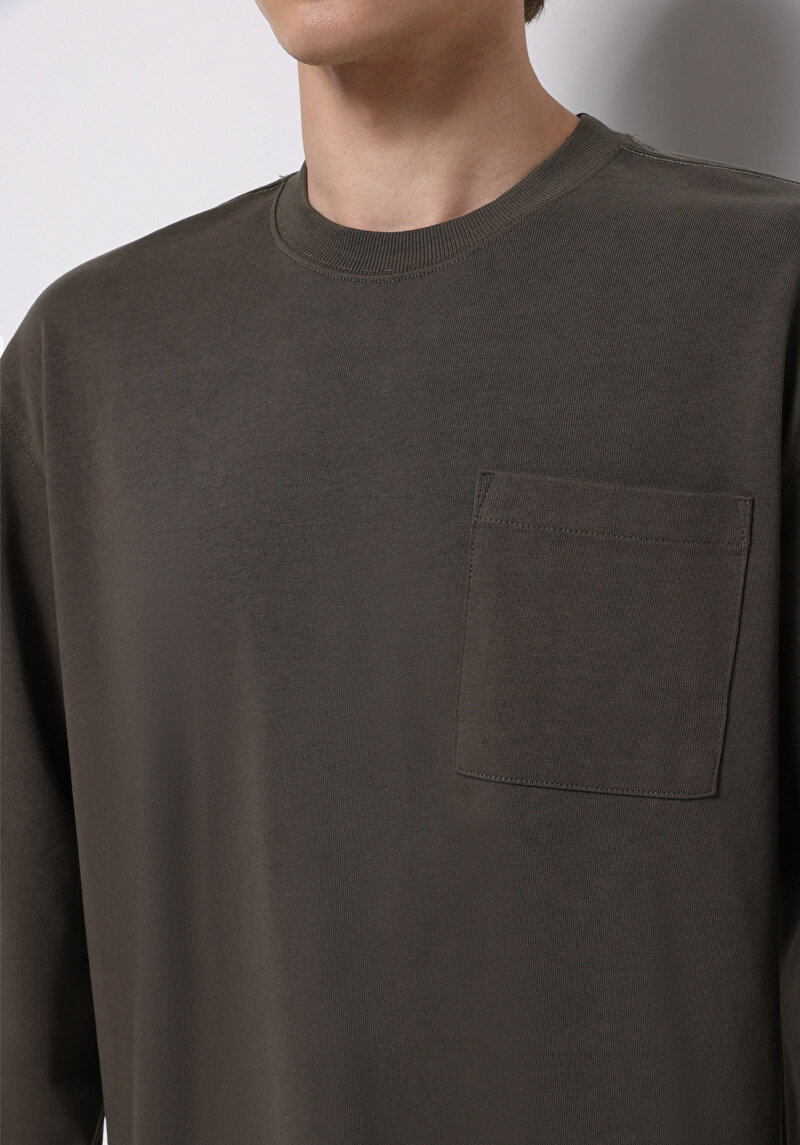 Comfort Fit Yuvarlak Yaka Düz Erkek Yeşil Uzun Kol Tişört