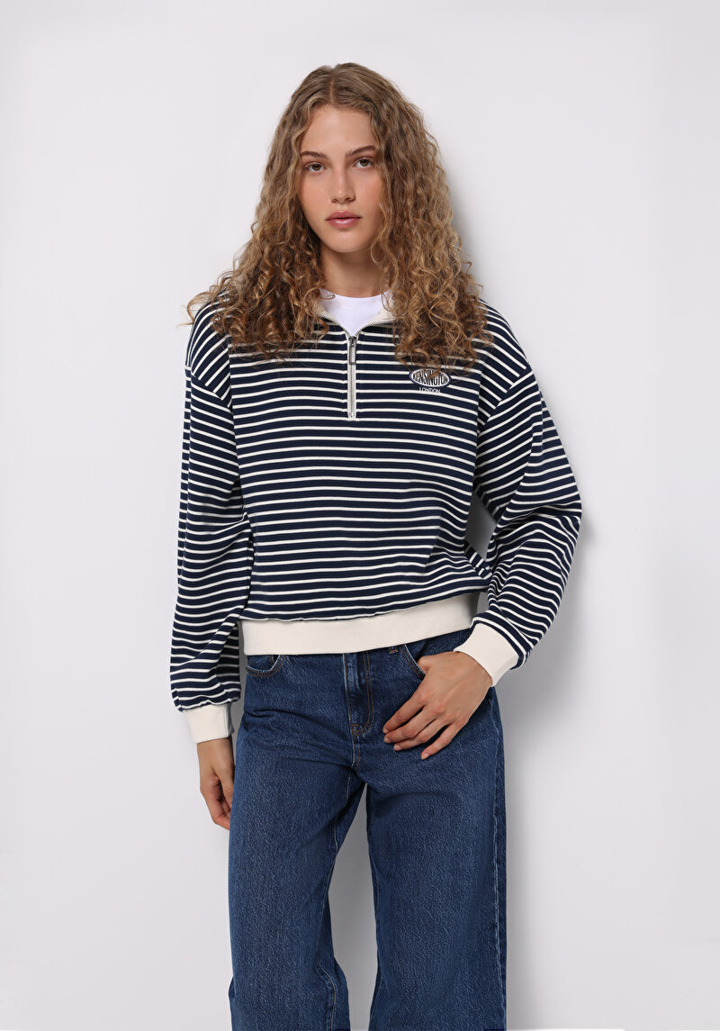 Regular Fit Polo Yaka Çizgili Kadın Lacivert Sweatshirt