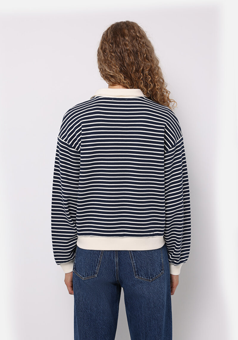 Regular Fit Polo Yaka Çizgili Kadın Lacivert Sweatshirt