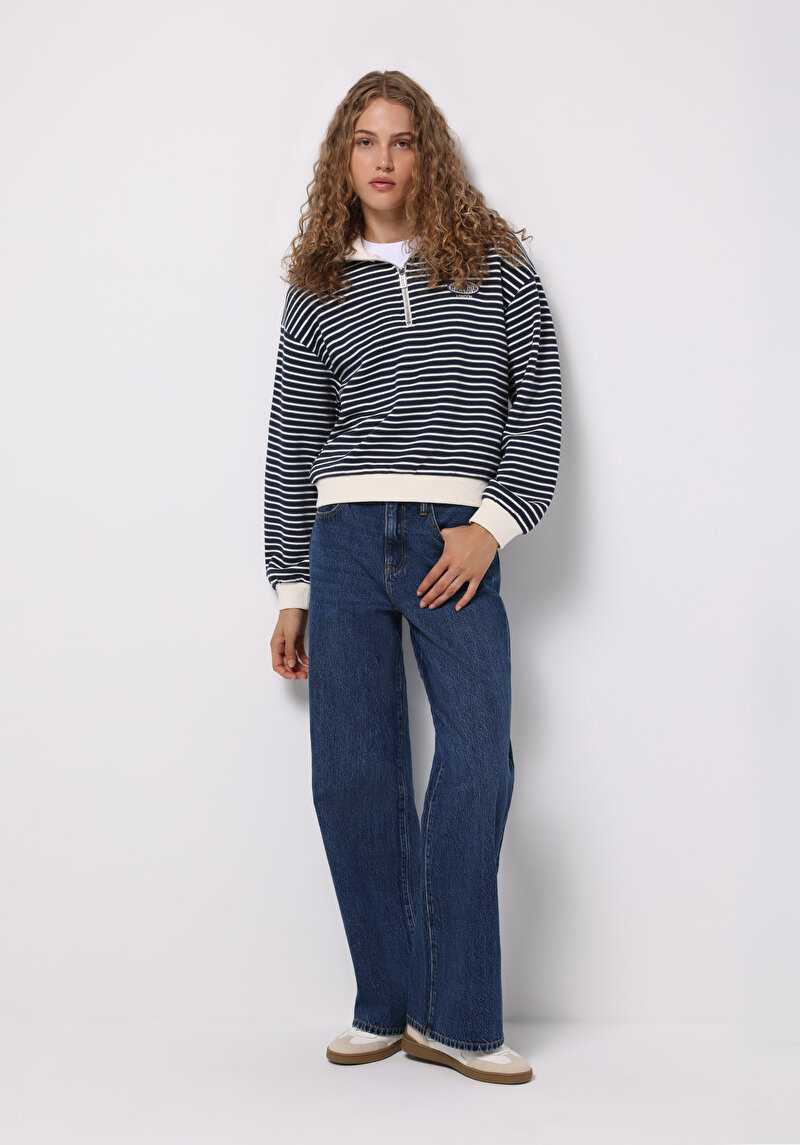 Regular Fit Polo Yaka Çizgili Kadın Lacivert Sweatshirt