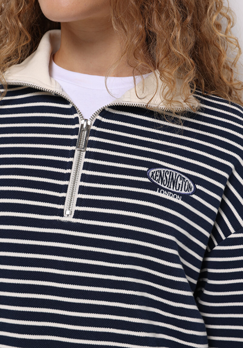 Regular Fit Polo Yaka Çizgili Kadın Lacivert Sweatshirt