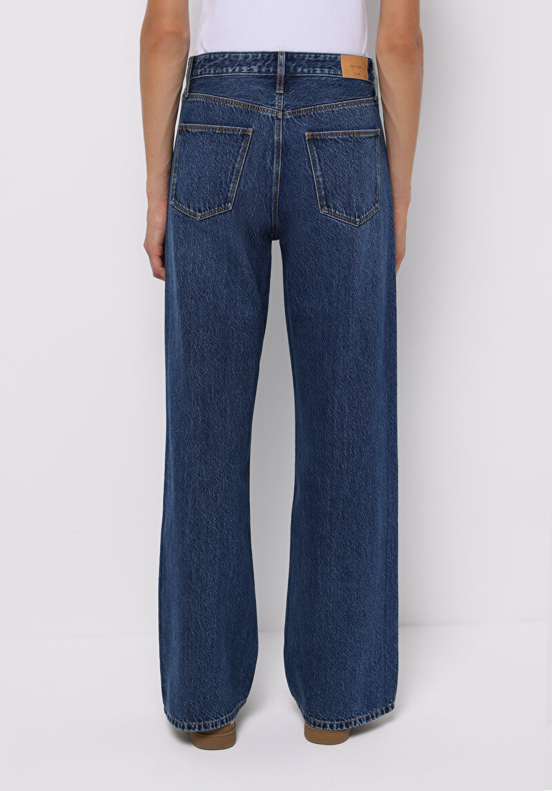 Regular Fit Yüksel Bel Geniş Paça Kadın Koyu İndigo Jean Pantolon
