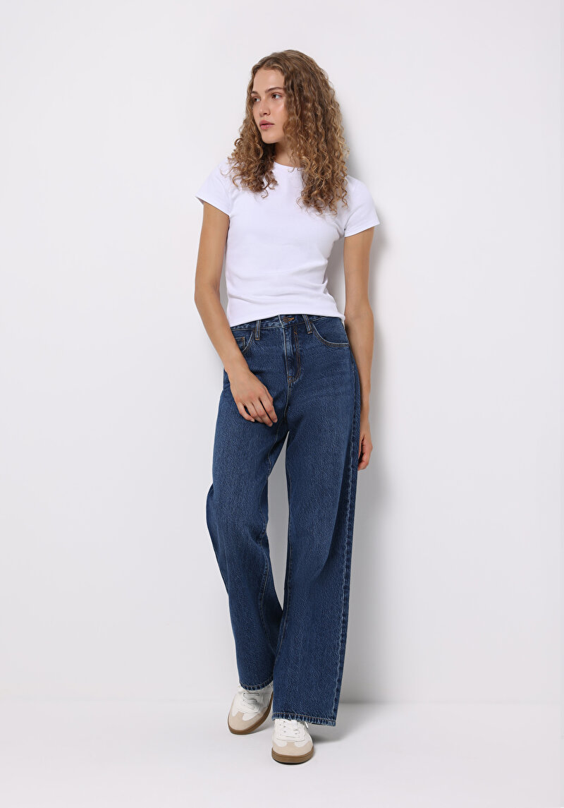 Regular Fit Yüksel Bel Geniş Paça Kadın Koyu İndigo Jean Pantolon