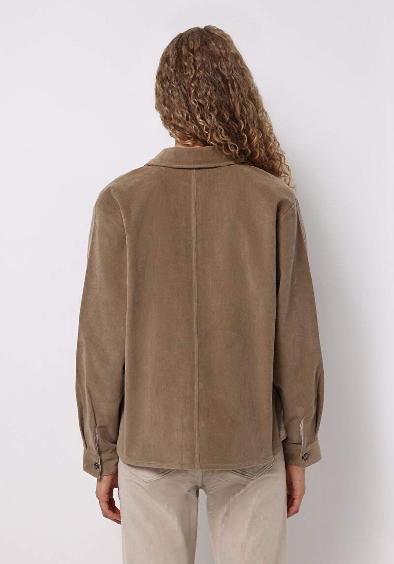 Regular Fit Shirt Neck Düz Kadın Bej Uzun Kol Gömlek