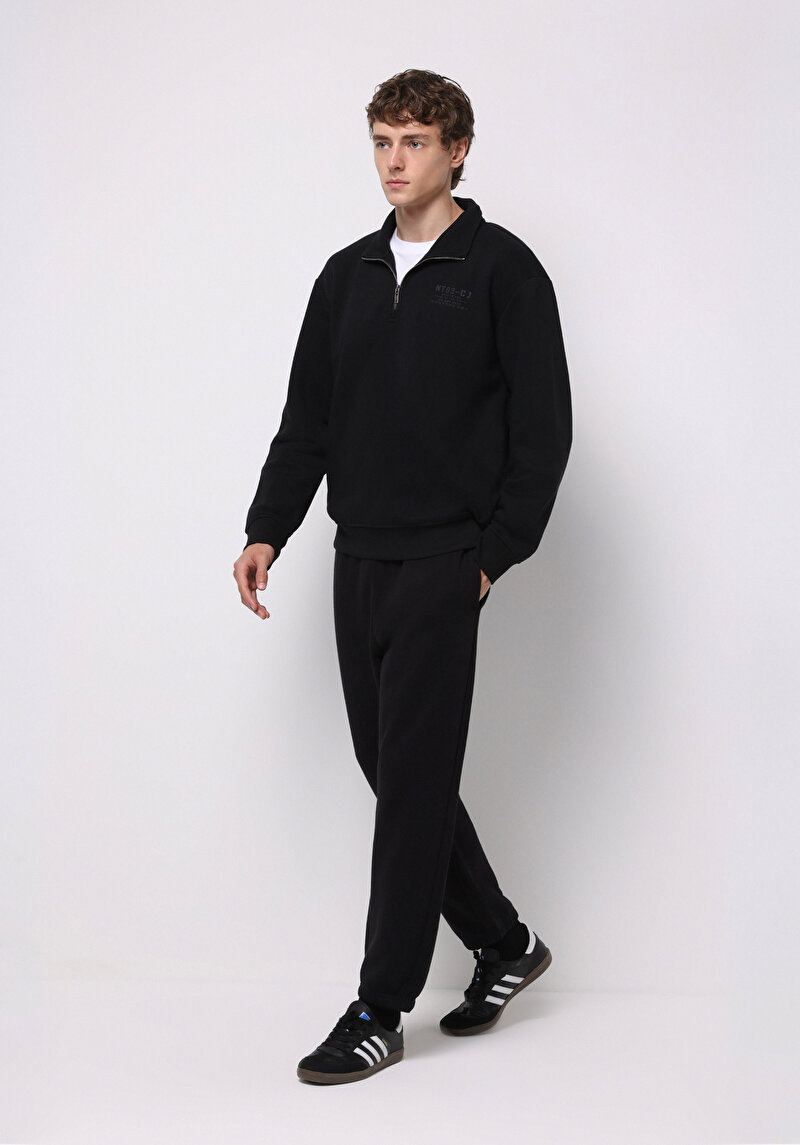 Loose Fit Orta Bel Düz Erkek Siyah Eşofman Altı