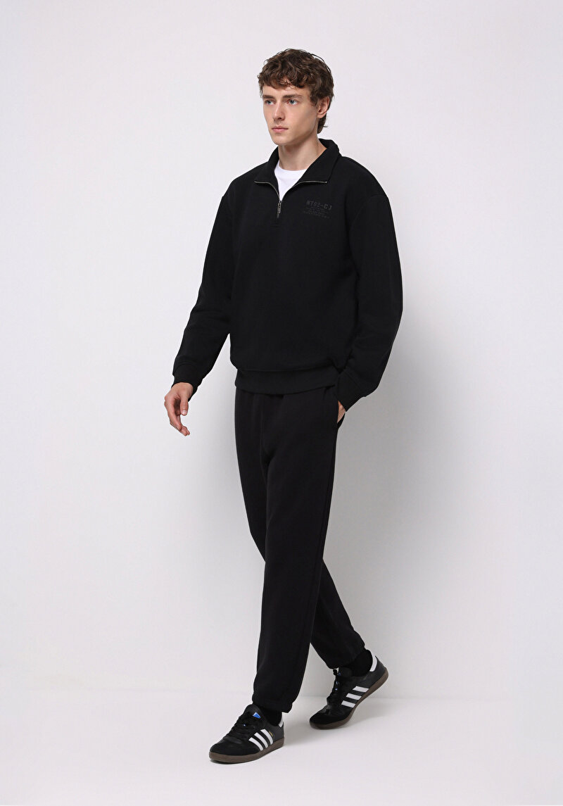 Loose Fit Orta Bel Düz Erkek Siyah Eşofman Altı