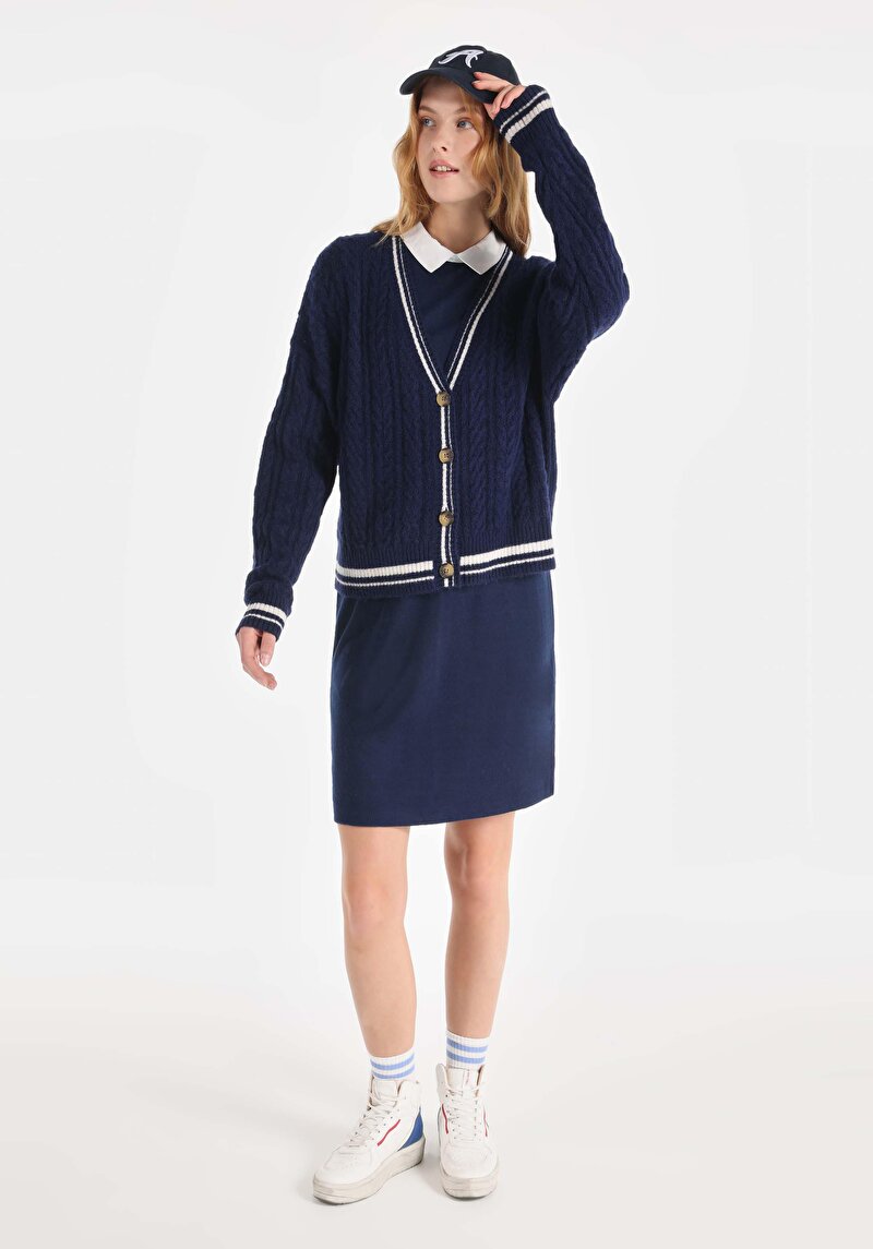 Regular Fit Düz Kadın Örme Lacivert Uzun Kol Elbise