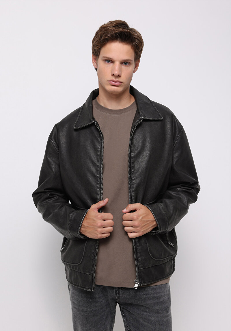 Regular Fit Erkek Siyah Mont Pu