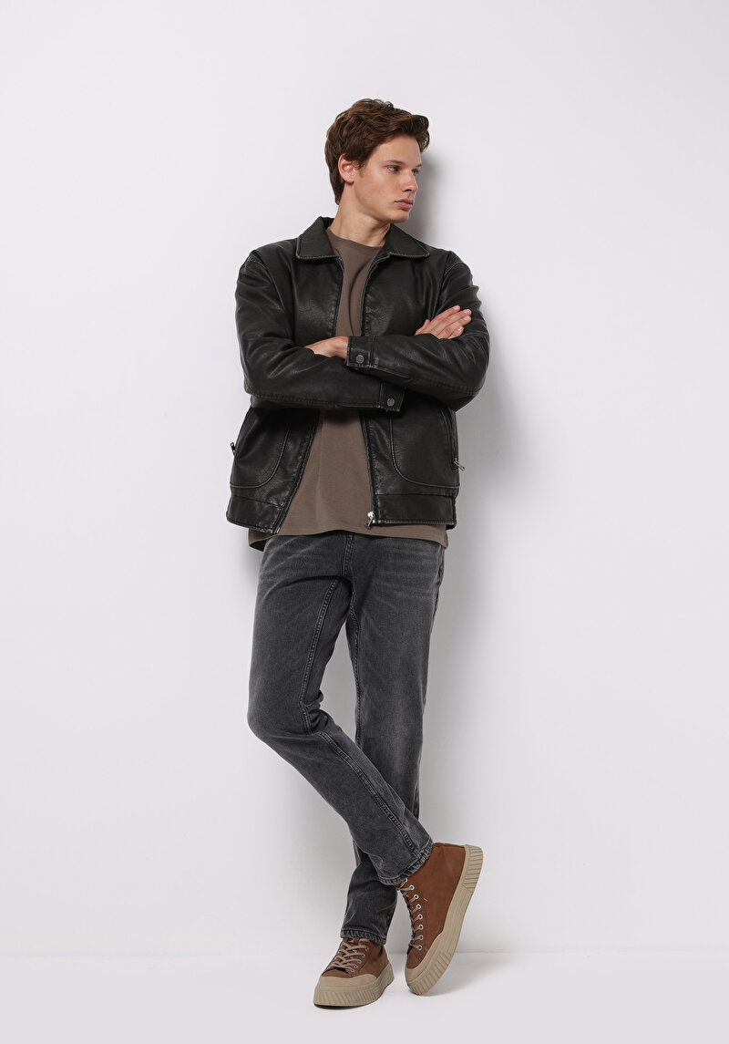 Regular Fit     Erkek Siyah Mont Pu