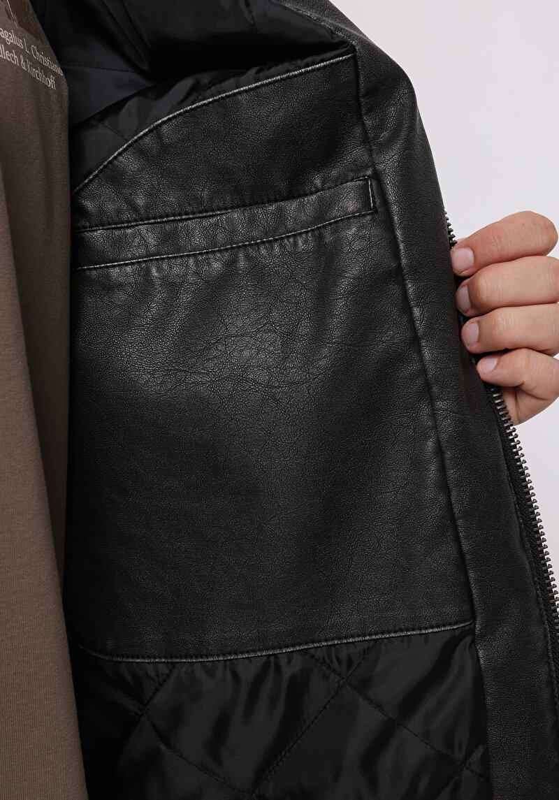 Regular Fit     Erkek Siyah Mont Pu