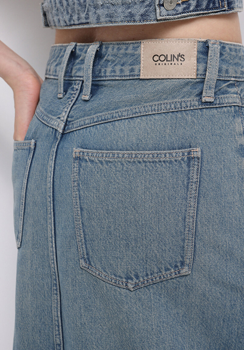 Regular Fit Düz Fermuarlı Kadın Mavi Etek